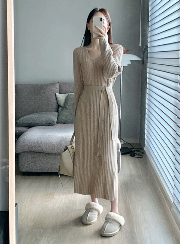 uptownholic-[골지 브이넥 니트 롱 원피스 (*3color) ]♡韓國女裝連身裙
