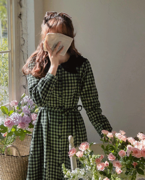 leelin-[샐린저 샤링카라 기모체크 엣지핏 원피스[size:F(55~66)]]♡韓國女裝連身裙
